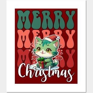 Retro Merry merry merry Christmas, green Christmas cat Posters and Art